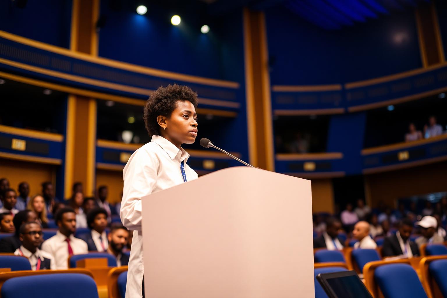 Étudiante congolaise prononçant un discours dans une chambre parlementaire